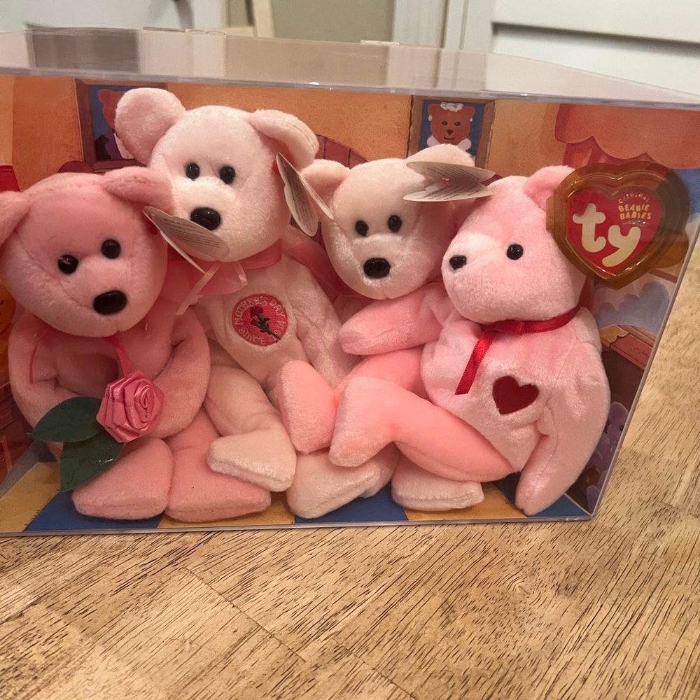 Ty Pink Teddy Bear Collection in acrylic display case with bed, Valentine’s Day